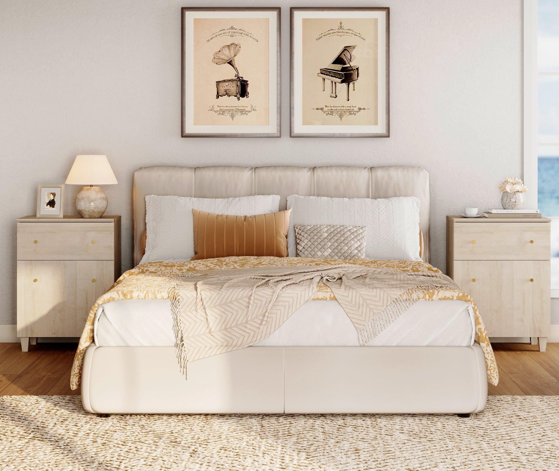 WAMPAT Nightstands Set of 2, Modern Large Bedside Tables with Adjustable Storage Shelf, Wooden Accent Cabinets with Drawer and Door for Bedroom, Natural Oak