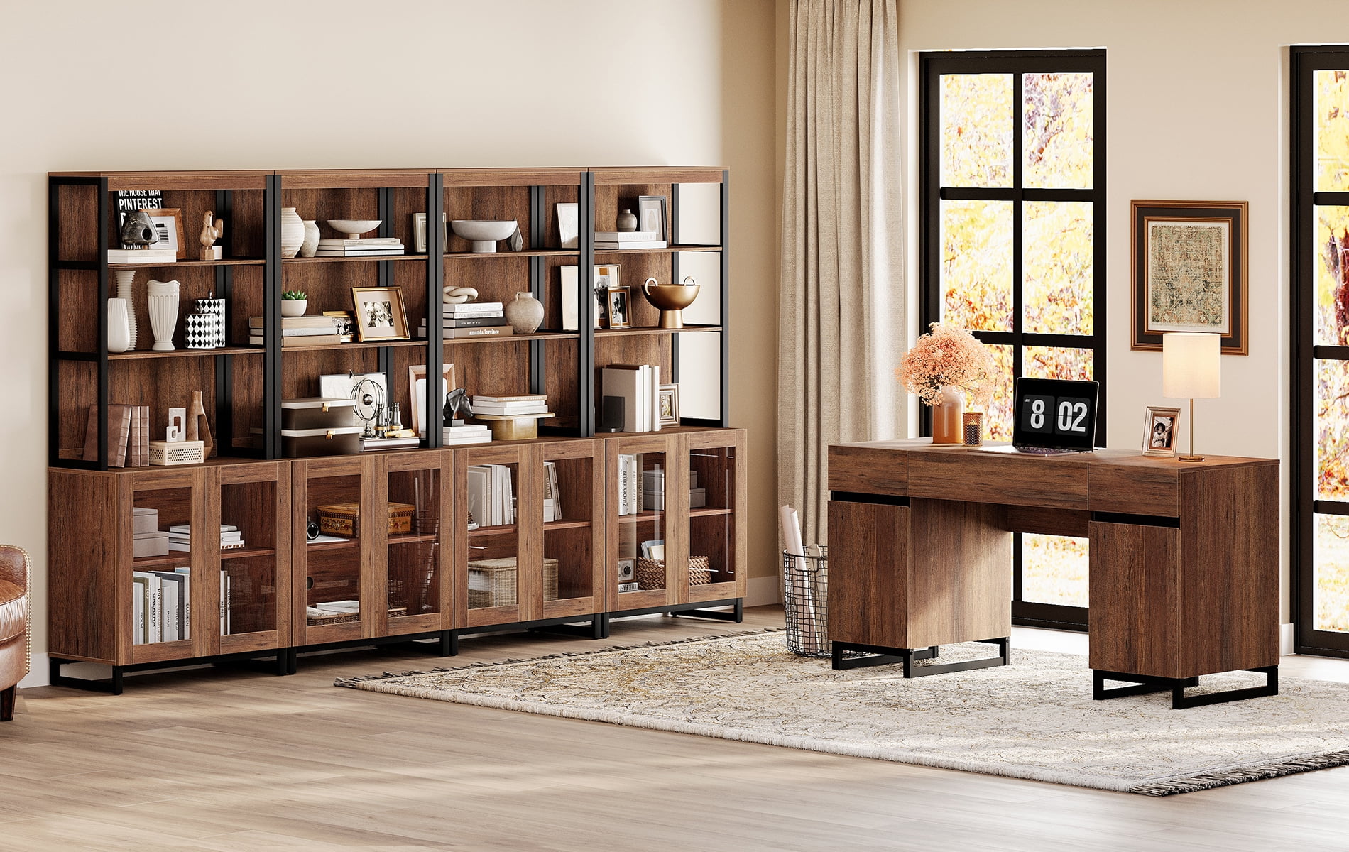 WAMPAT Office Furniture Set: 59" Executive Desk with Charging Station and Storage Cabinet, Four 72" Tall Bookcases, Modern Computer Desk and Library Shelf for Work Study, Brown