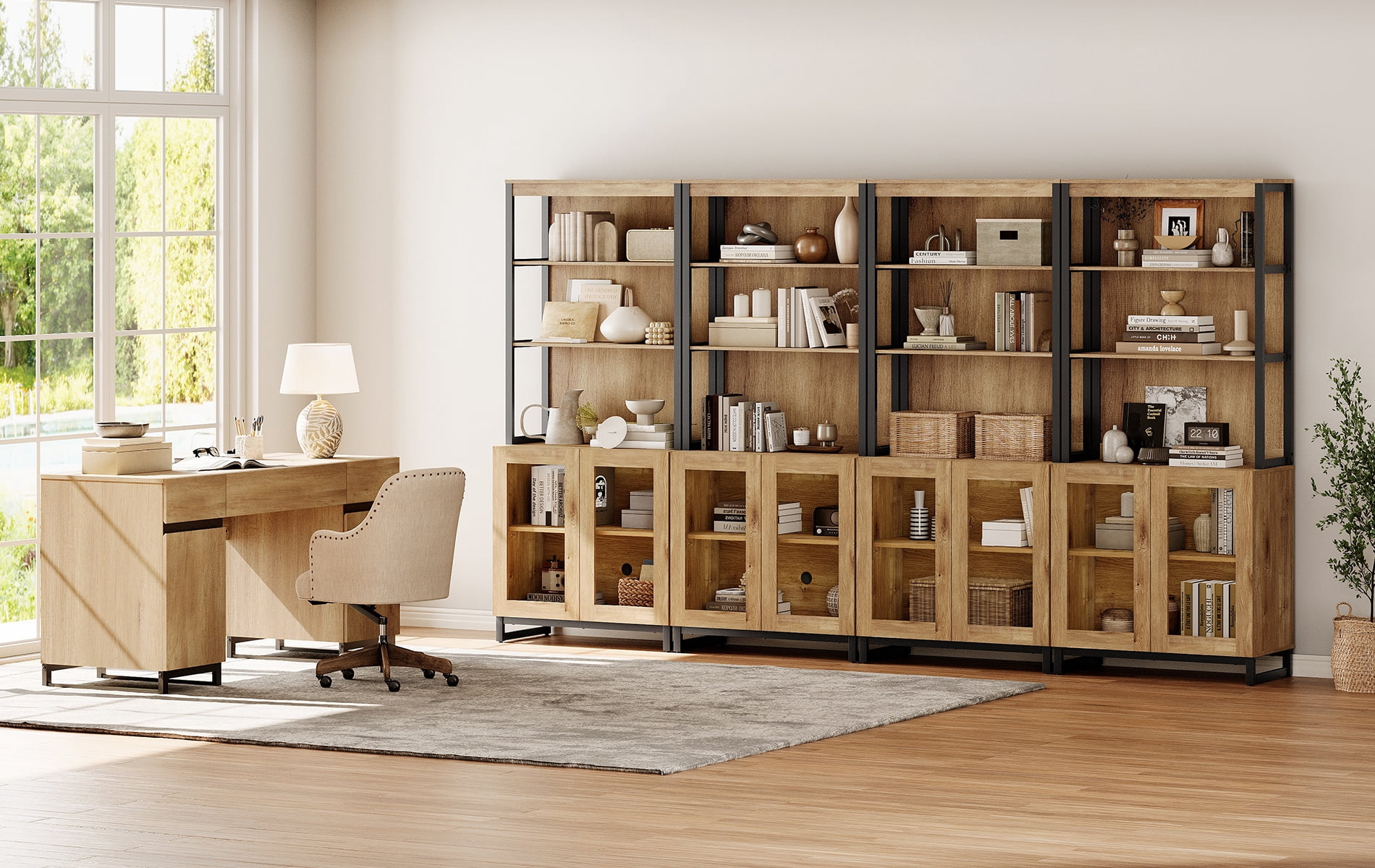 WAMPAT Office Furniture Set: 59" Executive Desk with Charging Station and Storage Cabinet, Four 72" Tall Bookcases, Modern Computer Desk and Library Shelf for Work Study, Brown