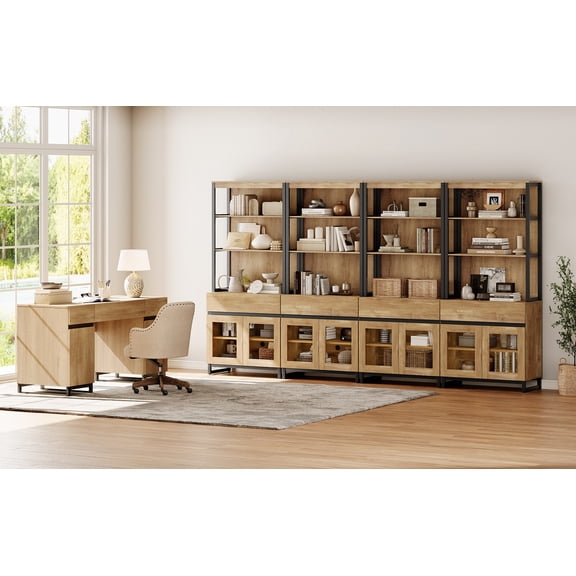 WAMPAT Office Furniture Set: 59in Modern Executive Desk with Charging Station and Drawers and Four 72in Tall Bookcases, Home Office Furniture for Living Room, Bedroom, Brown