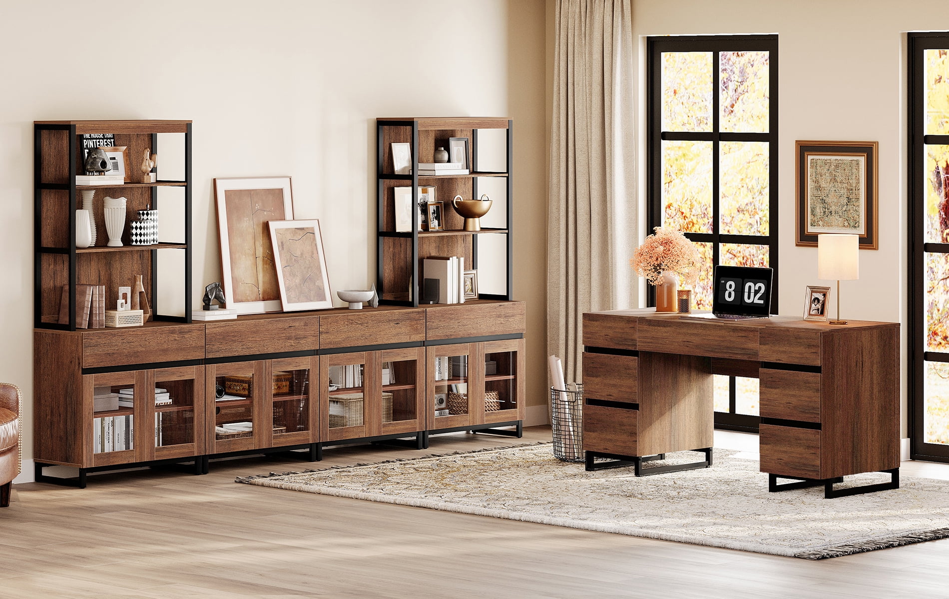WAMPAT Office Furniture Set: 59in Modern Executive Desk with Charging Station & Drawers and Two 72in Tall Bookcases With 3 Tiers And 4 Cabinets,Home Office Furniture for Living Room, Brown