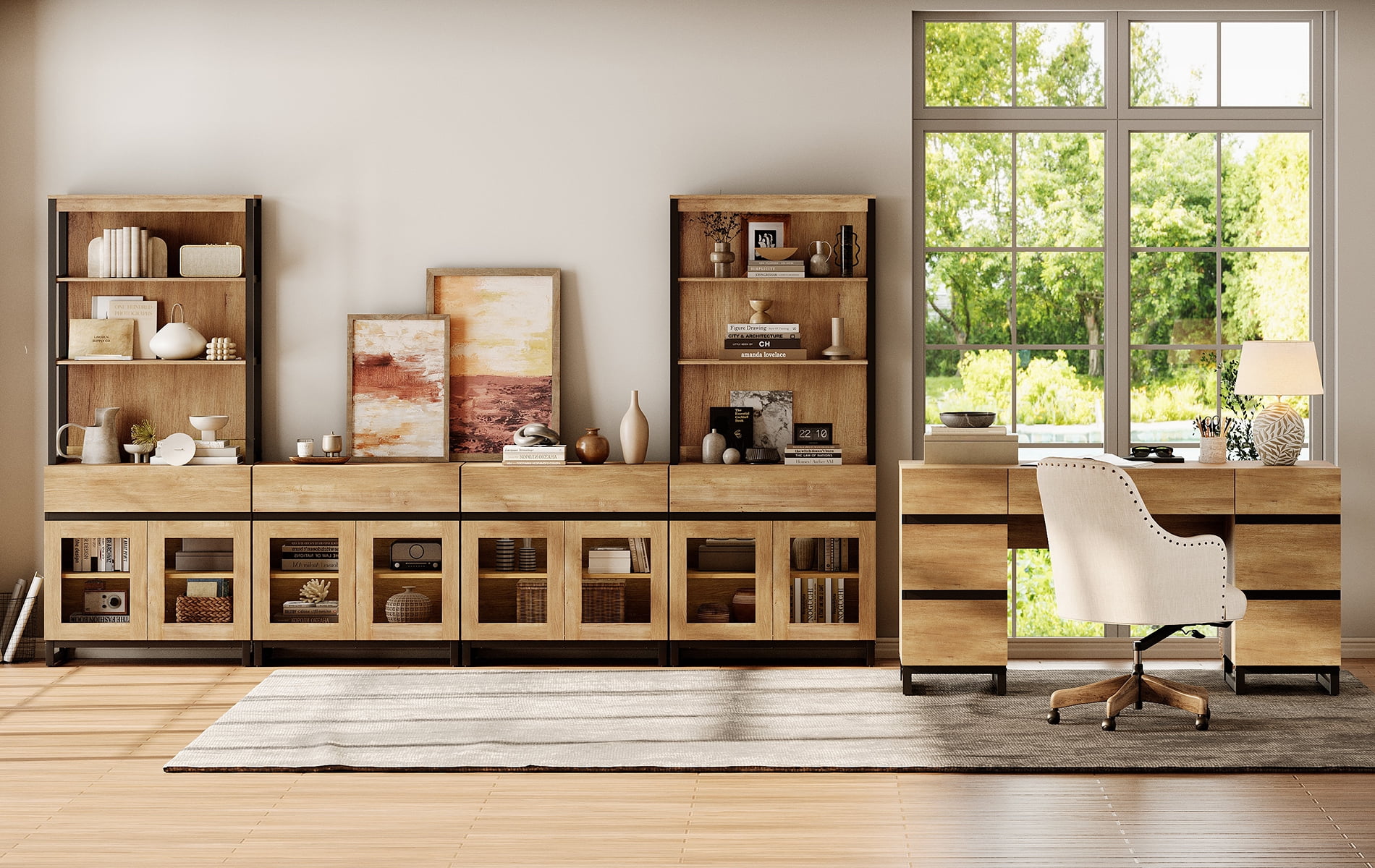 WAMPAT Office Furniture Set: 59in Modern Executive Desk with Charging Station & Drawers and Two 72in Tall Bookcases With 3 Tiers And 4 Cabinets,Home Office Furniture for Living Room, oak