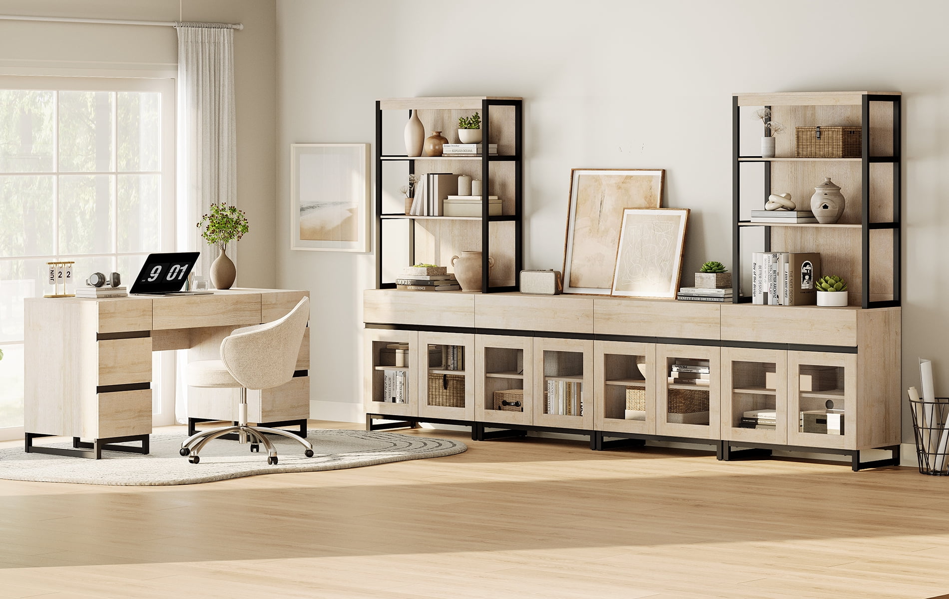 WAMPAT Office Furniture Set: 59in Modern Executive Desk with Charging Station & Drawers and Two 72in Tall Bookcases With 3 Tiers And 4 Cabinets,Home Office Furniture for Living Room, Beige