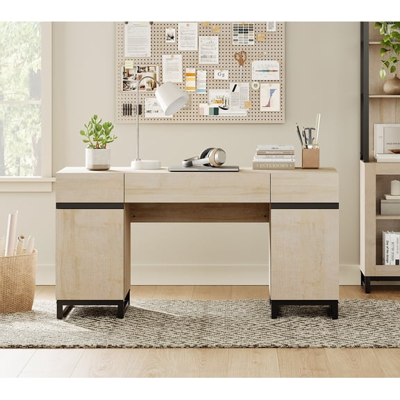 WAMPAT Office Furniture Set: 59in Modern Executive Desk with Charging Station and Drawers and Two 72in Tall Bookcases With 3 Tiers And 4 Cabinets,Office Furniture for Living Room, Bedroom, Beige