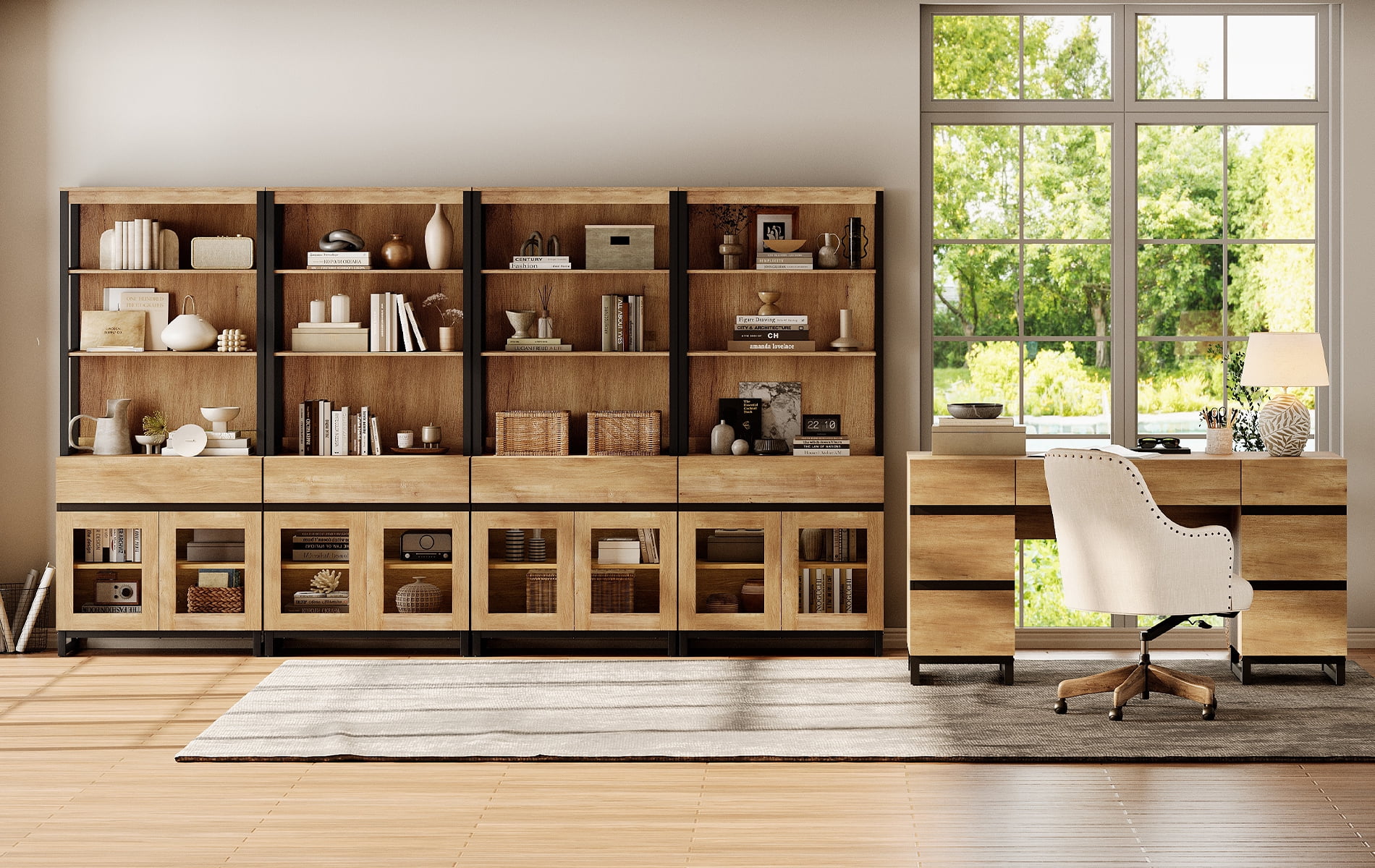 WAMPAT Office Furniture Set: 59in Modern Executive Desk with Charging Station & Drawers and four 72in Tall Bookcases with Storage Cabinet, Home Office Furniture for Living Room, Brown