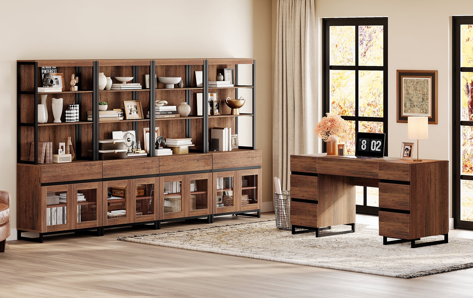 WAMPAT Office Furniture Set: 59in Modern Executive Desk with Charging Station & Drawers and four 72in Tall Bookcases with Storage Cabinet, Home Office Furniture for Living Room, Brown