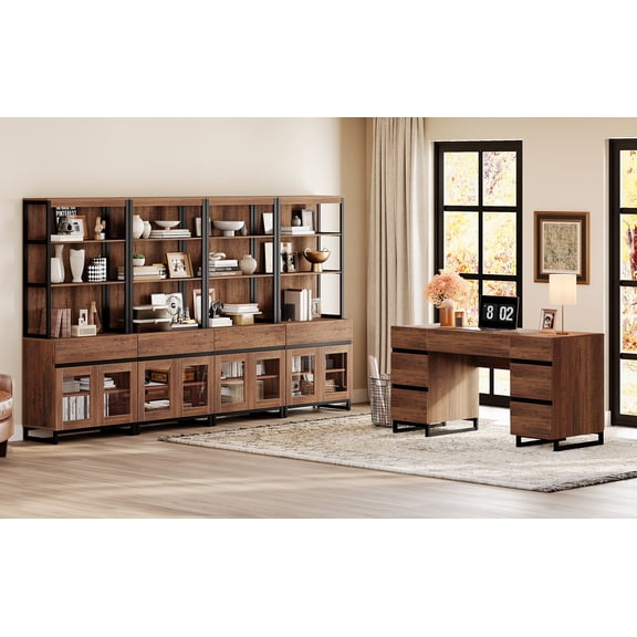WAMPAT Office Furniture Set: 59in Modern Executive Desk with Charging Station & Drawers and four 72in Tall Bookcases with Storage Cabinet, Home Office Furniture for Living Room, Brown