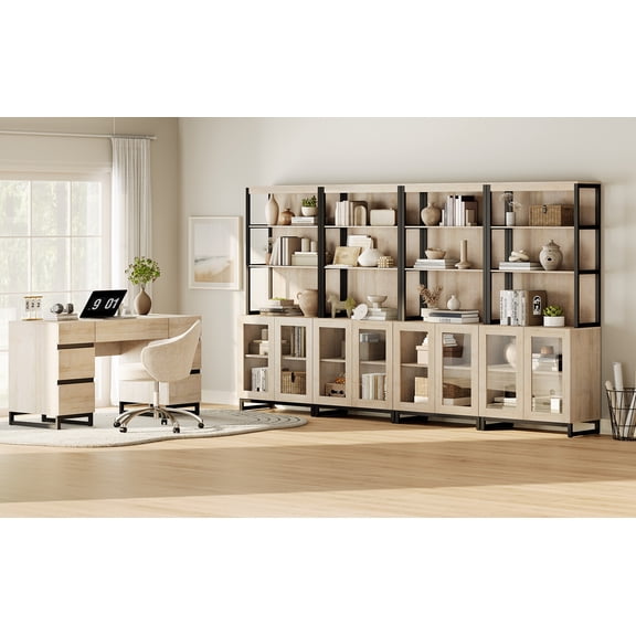 WAMPAT Office Set: 59" Modern Desk with Charging Station and Storage Cabinet, Four 72" Tall Bookcases with Shelves, Wood Computer Desk and Library Storage Cabinet for Work Study, Brown