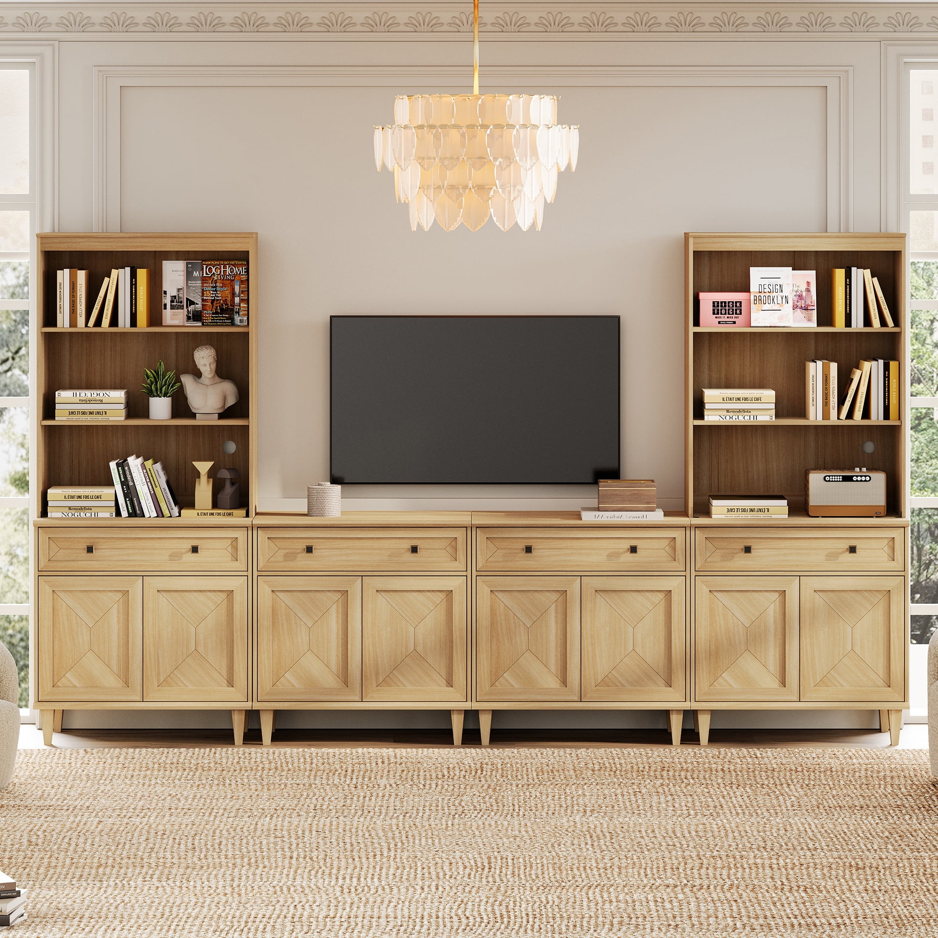 WAMPAT Patchwork 126" TV Stand with Cabinets and Shelves for 70" TV, Oak