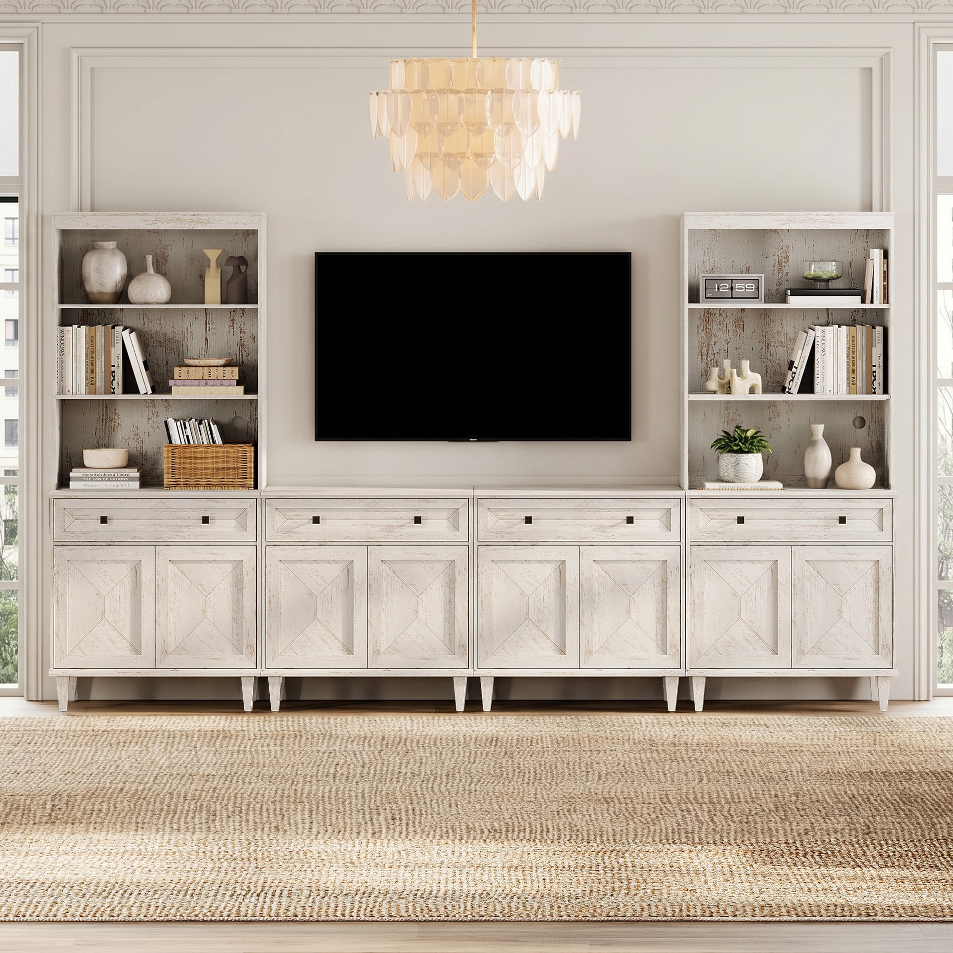 WAMPAT Patchwork 126" TV Stand with Cabinets and Shelves for 70" TV,White