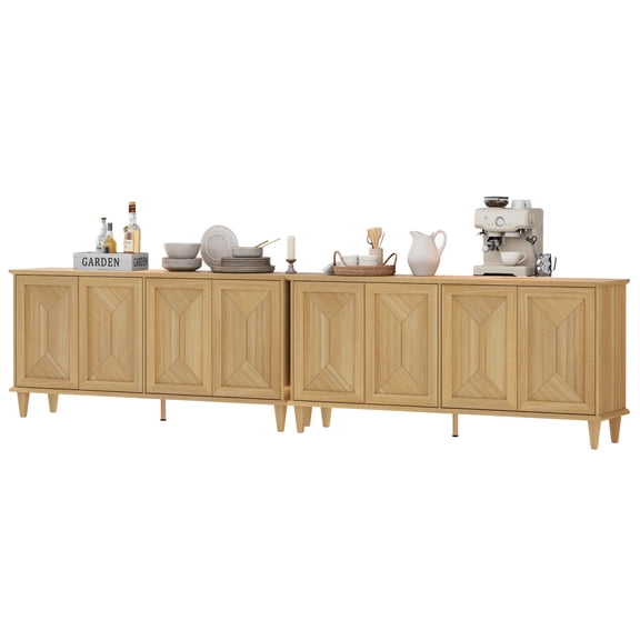 WAMPAT Pop-Up Design Farmhouse Sideboard Credenza with Handcrafted Patchwork Doors,130-inch Large Double Unit Buffet Cabinet with Massive Storage for Dining Room, Kitchen, Natural Oak
