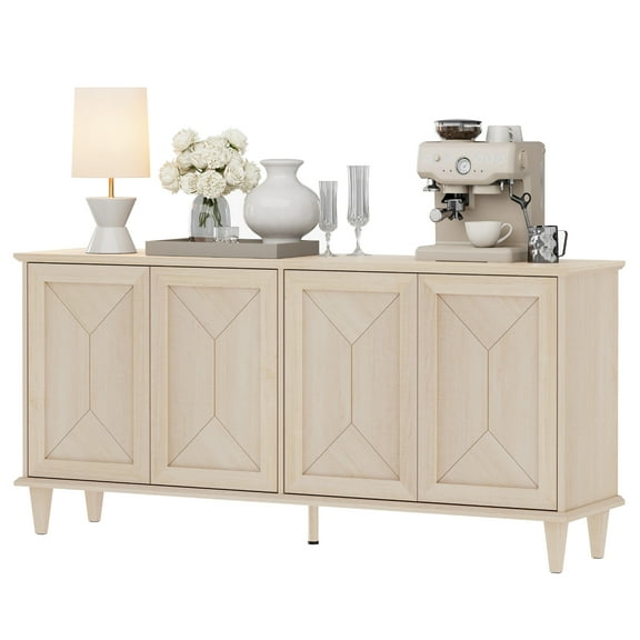 WAMPAT Pop-Up Design Sideboard Credenza with Handcrafted Patchwork Doors,65-inch Modern Farmhouse Buffet Cabinet with Storage for Dining Room,Kitchen and Living Room, Light Oak