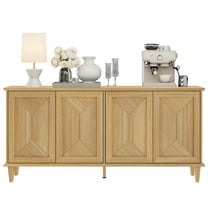 WAMPAT Pop-Up Design Sideboard Credenza with Handcrafted Patchwork Doors,65-inch Modern Farmhouse Buffet Cabinet with Storage for Dining Room,Kitchen and Living Room, Natural Oak