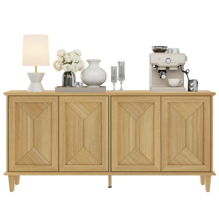 WAMPAT Pop-Up Design Sideboard Credenza with Handcrafted Patchwork Doors,65-inch Modern Farmhouse Buffet Cabinet with Storage for Dining Room,Kitchen and Living Room, Natural Oak