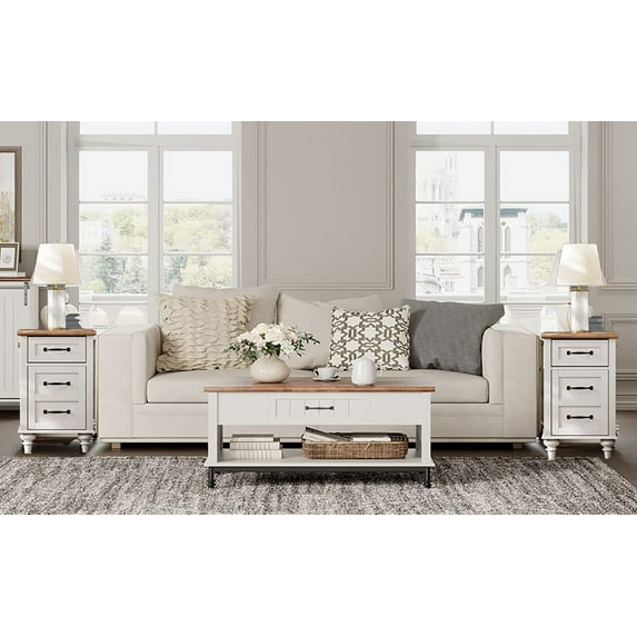 WAMPAT Premium Farmhouse Coffee Table Set of 3, 1 Large Farmhouse Coffee Table with Storage Drawer, 2 End Side Tables with Charging Station for Living Room