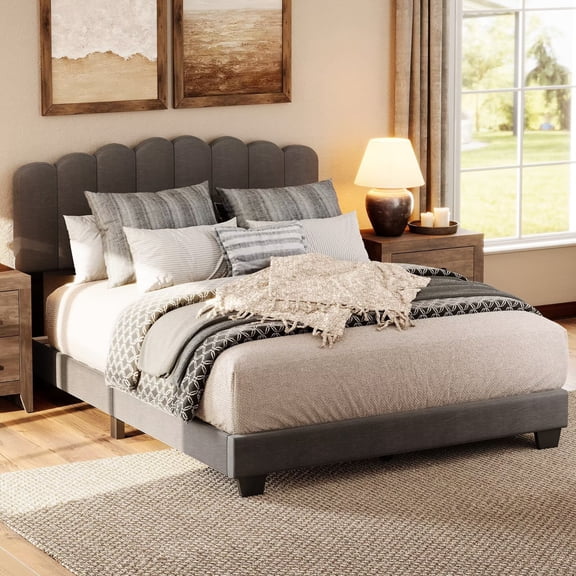 WAMPAT Queen Platform Bed Frame, Upholstered Adjustable Headboard, Wooden Slats, No Box Spring Required, Easy Assembly, Grey