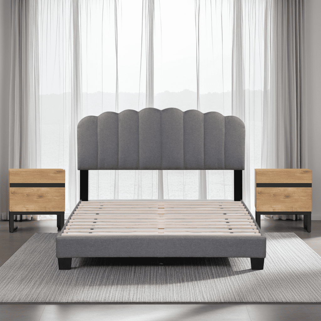 WAMPAT Queen Size Bed Frame with 2 Nightstands, Upholstered Platform Bed with Adjustable Headboard & 2 Drawer End Tables, Wooden Slats Support, No Box Spring Needed, Grey & Oak