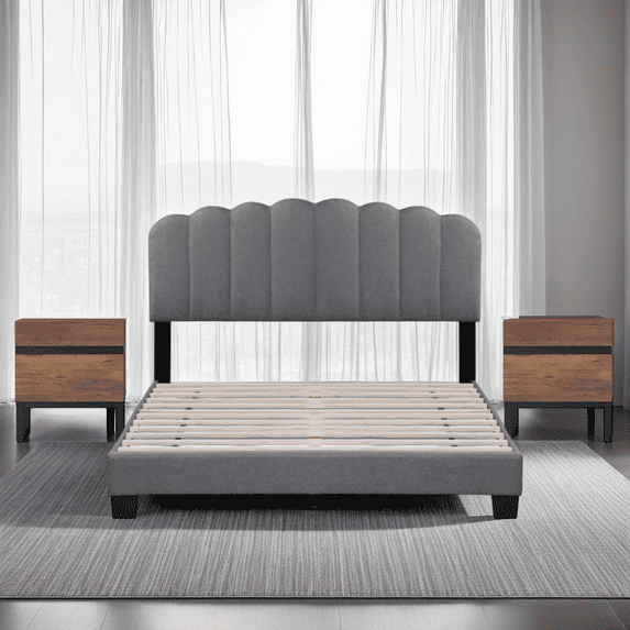 WAMPAT Queen Size Bed Frame with Adjustable Fabric Headboard & 2 Pack Nightstand Set, Wooden Slats Support, No Box Spring Needed, Modern Bedside Tables with Drawers, Grey & Brown