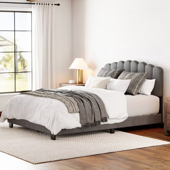 WAMPAT Queen Size Bed Frame Upholstered Platform Bed with Adjustable Fabric Headboard, Wooden Slats Support,No Box Spring Needed, Easy Assembly, Grey