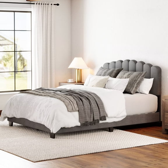 WAMPAT Queen Size Bed Frame Upholstered Platform Bed with Adjustable Fabric Headboard, Wooden Slats Support,No Box Spring Needed, Easy Assembly, Grey