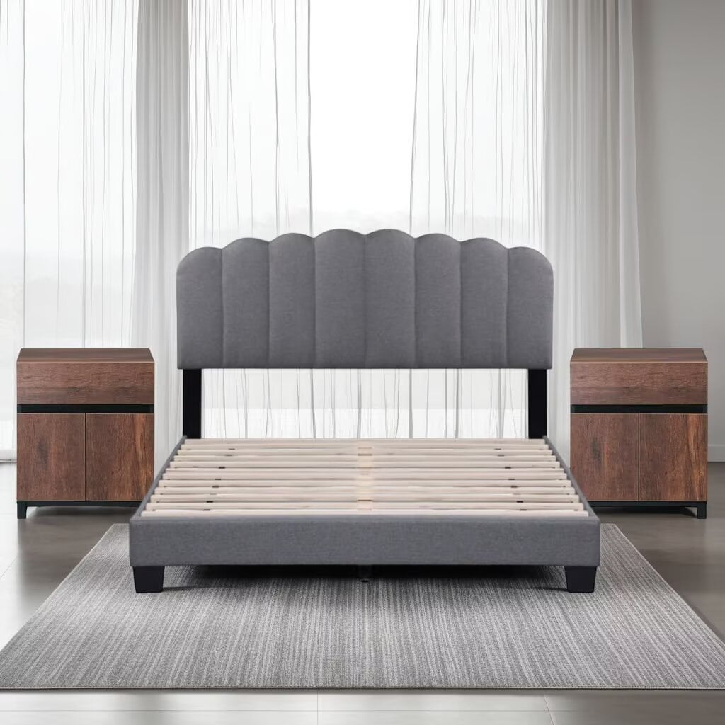 WAMPAT Queen Size Bed Frame with 2 Nightstands, Upholstered Platform Bed with Adjustable Fabric Headboard, Wooden Slats Support, Grey & Brown
