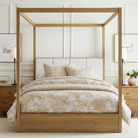 WAMPAT Queen Size Canopy Bed Frame with Upholstered Headboard, Solid Wood 4 Poster Platform Bed with Slats, No Box Spring Needed, Mid-Century Modern Bed for Bedroom, Dark Brown Wood