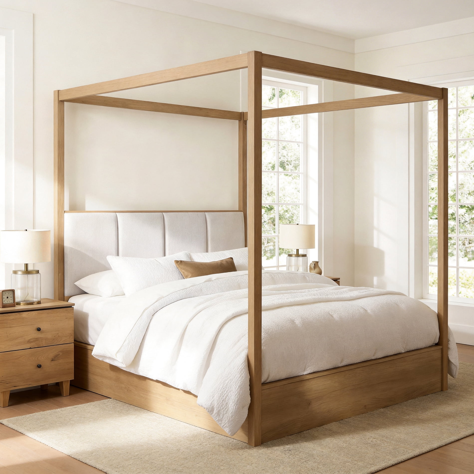 WAMPAT Queen Size Canopy Solid Wood Bed Frame with Upholstered Headboard, No Box Spring Needed, Mid-Century Modern 4 Poster Bed for Bedroom, Dark Brown Wood