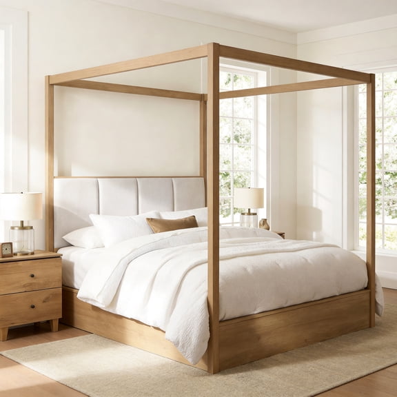 WAMPAT Queen Size Canopy Solid Wood Bed Frame with Upholstered Headboard, No Box Spring Needed, Mid-Century Modern 4 Poster Bed for Bedroom, Dark Brown Wood