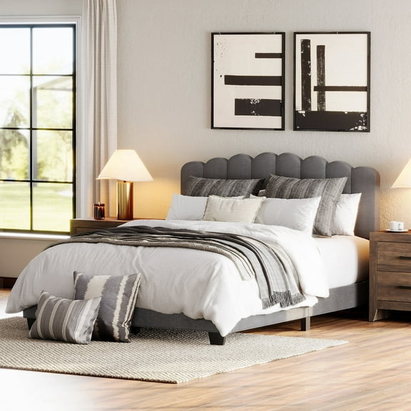 WAMPAT Queen Size Platform Bed Frame with Fabric Upholstered Adjustable Headboard, Wooden Slats Support, No Box Spring Needed, Easy Assembly, Gray