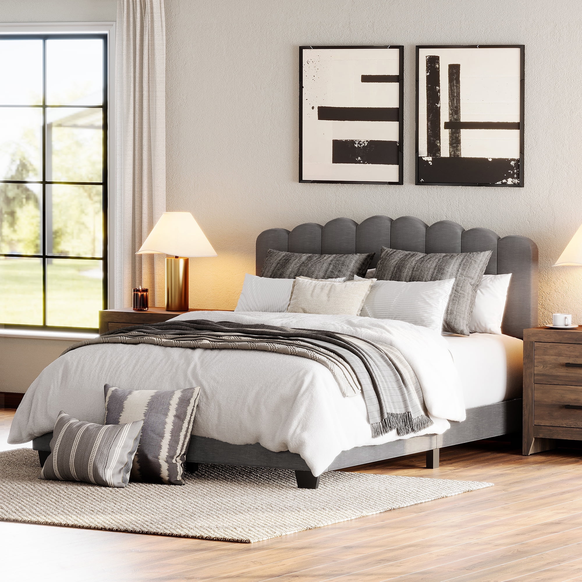 WAMPAT Queen Size Platform Bed Frame with Fabric Upholstered Adjustable Headboard, Wooden Slats Support, No Box Spring Needed, Easy Assembly, Gray