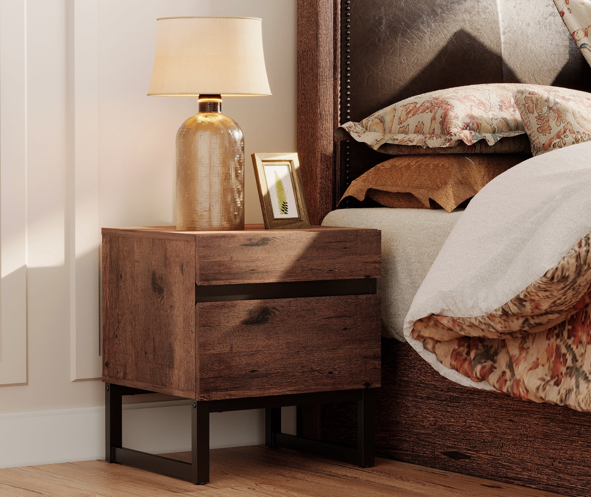WAMPAT Rustic Wood Nightstand, Modern Bedside Table with 2 Drawers and Black Square Iron Legs, Multifunctional Side End Table for Bedroom Living Room，Brown