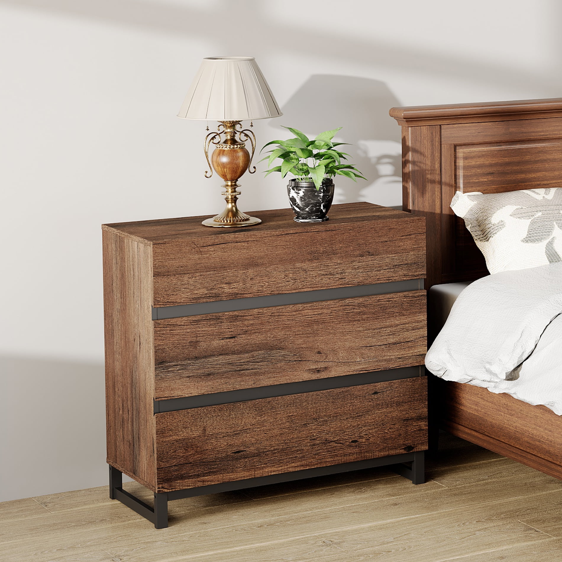 WAMPAT Rustic Wood Nightstand with 3 Drawers, Modern Bedroom Bedside Table with Black Square Iron Legs for Bedroom,Brown
