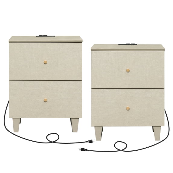 WAMPAT Set of 2 Nightstands with Charging Station&2 Drawers Storage, Modern End Tables Mid-Century Wood Bedside Tables with 2 AC Outlets & USB Ports for Living Room, Bedroom, Beige Linen