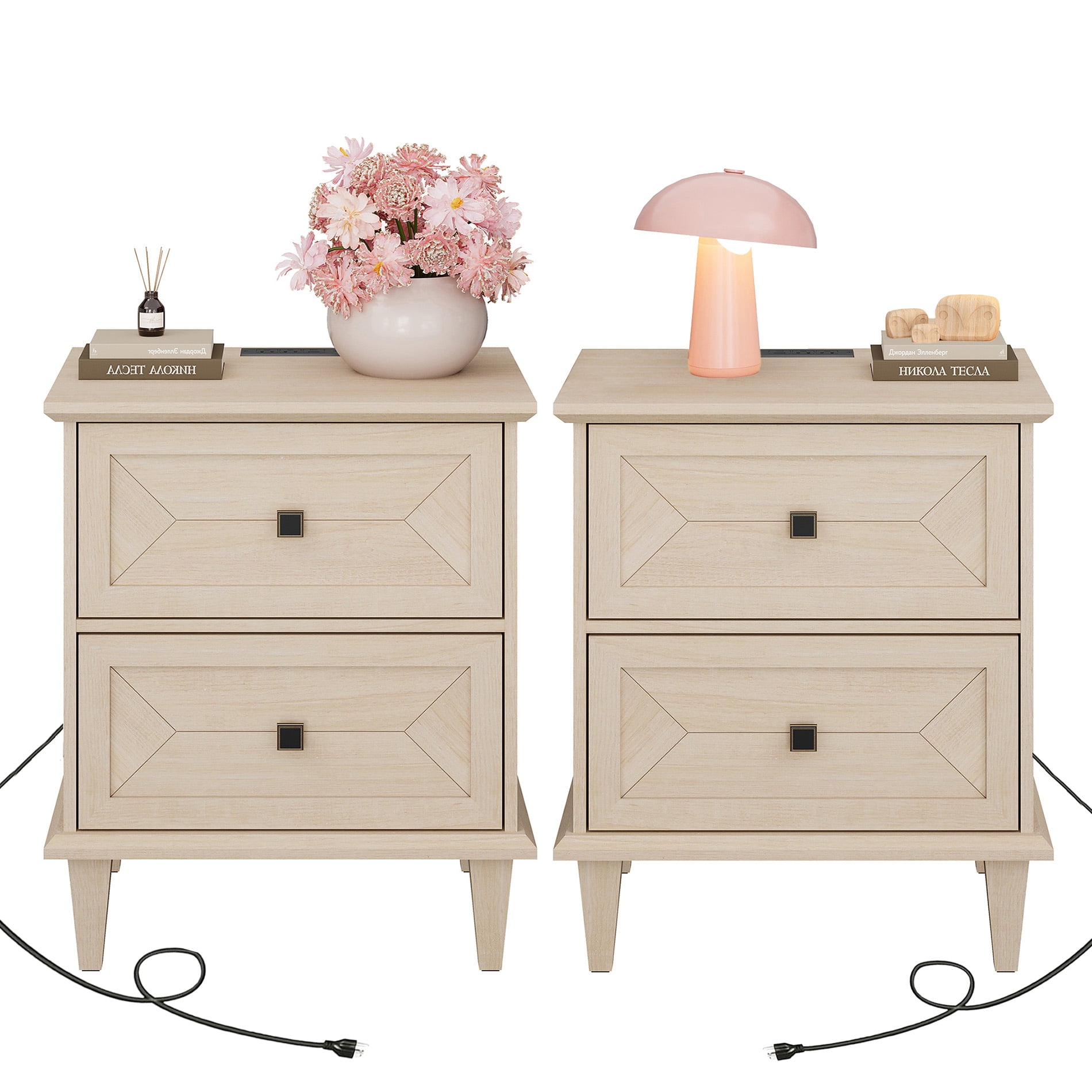 WAMPAT Set of 2 Nightstands with Charging Station, Modern Farmhouse Bedside Tables with Storage Drawers & Solid Wood Legs, Beige Side Tables for Bedroom, Light Beige