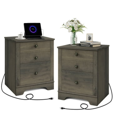 WAMPAT Set of 2 Nightstands with 2 Drawers, Farmhouse Bedside Wood Storage Dresser Organizer for Bedroom, End Side Tables for Living Room, Vintage Grey