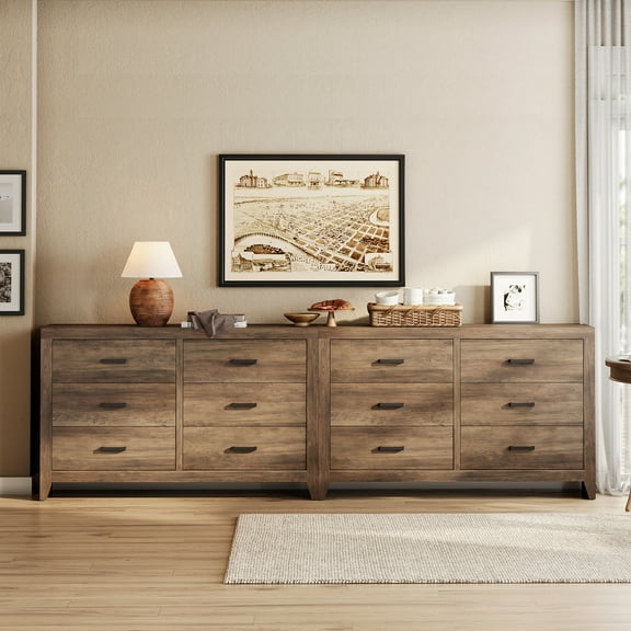 WAMPAT Set of 2 Six-Drawer Dresser for Bedroom, Kids Dressers with Wide Chest of Drawers, Mid Century Modern Wooden Closet Storage Organizer for Living Room, Nursery, Rustic Brown