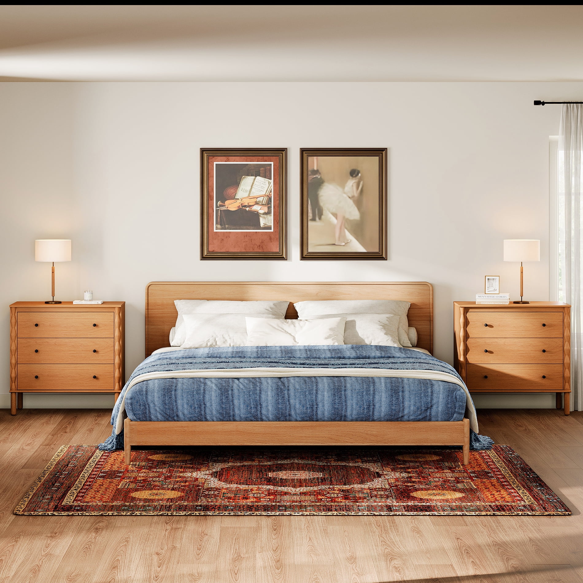 WAMPAT Set of 2 Drawer Nightstand with Solid Wood，Hand‑Carved Design Bedside Table for Bedroom,Oak