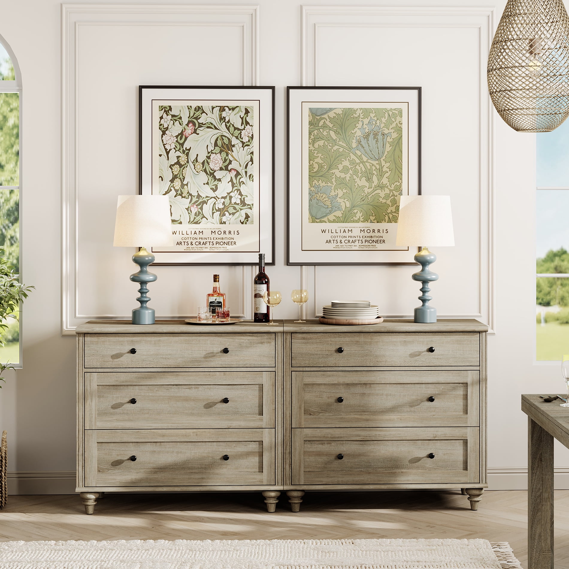 WAMPAT Set of 2 End Table With 6 Drawers, Mid Century Modern Wooden Nightstand Closet Storage Organizer for Bedroom, Living Room, Wash Grey, (2 PCS)