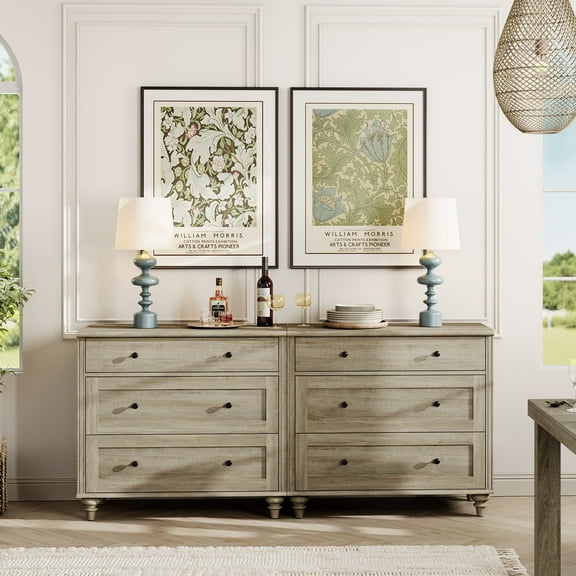 WAMPAT Set of 2 End Table With 6 Drawers, Mid Century Modern Wooden Nightstand Closet Storage Organizer for Bedroom, Living Room, Wash Grey, (2 PCS)