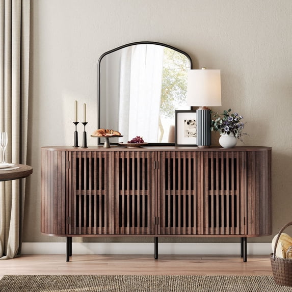 WAMPAT Sideboard Buffet Cabinet with 4 Fluted Doors, Wooden Accent Storage Cabinet with Curved Design, Credenza for Dining Room, Living Room, Kitchen, Walnut