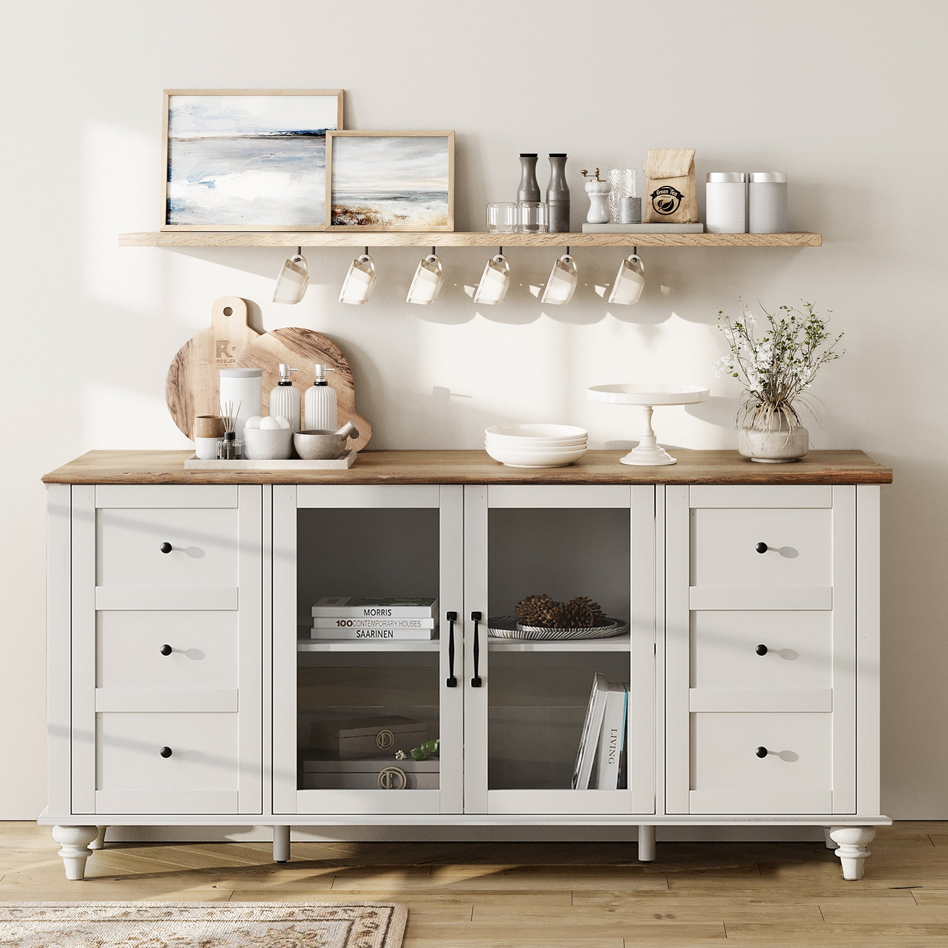 WAMPAT Sideboard Buffet Cabinets with Glass Door Kitchen Storage Wood Coffee Bar Console Accent Sideboard White Walmart