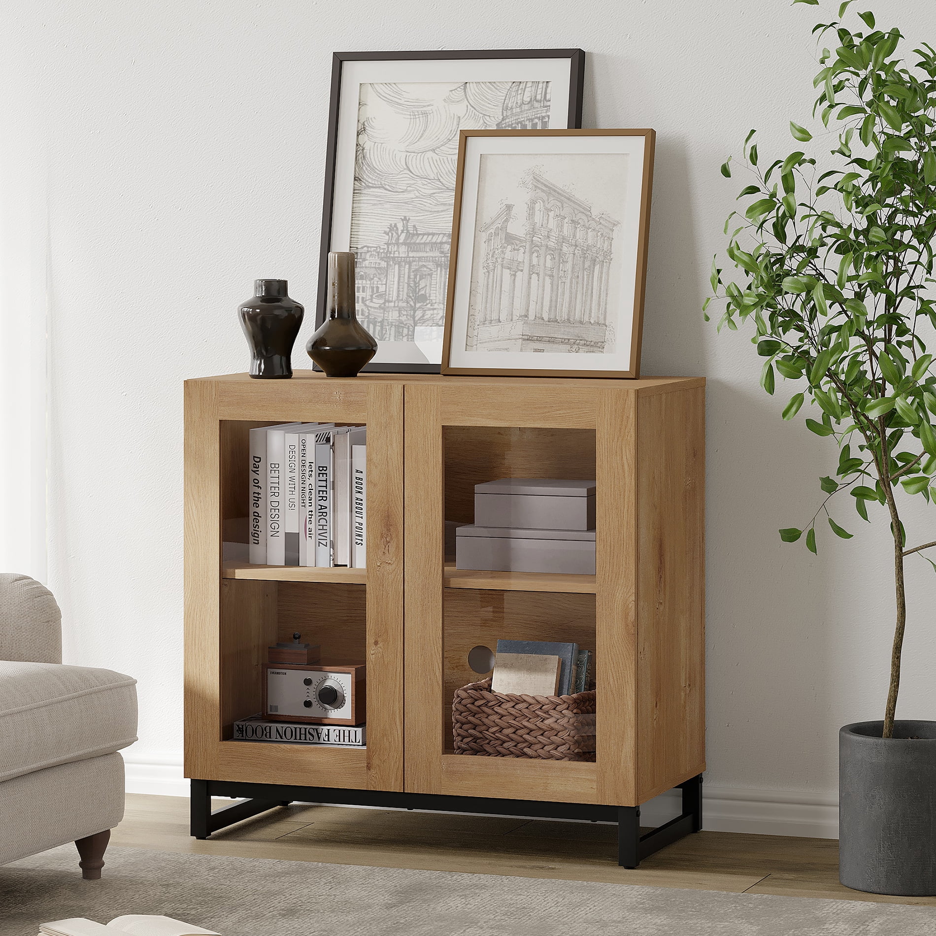 WAMPAT Sideboard Buffet Cabinets with Glass Doors, Modern Sideboard Credenza with Adjustable Shelf, Coffee Bar Storage Cabinet for Living Room, Kitchen, Oak