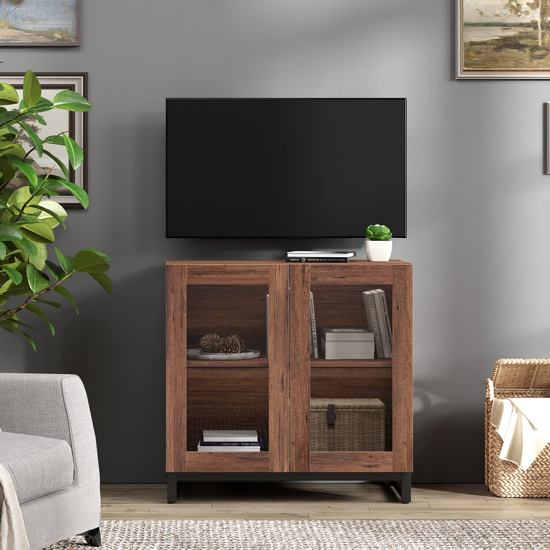 WAMPAT Modern TV Stand with Glass Doors for 32-40 inch TVs, Entertainment Center TV Console with Adjustable Shelves for Living Room, Bedroom, Brown