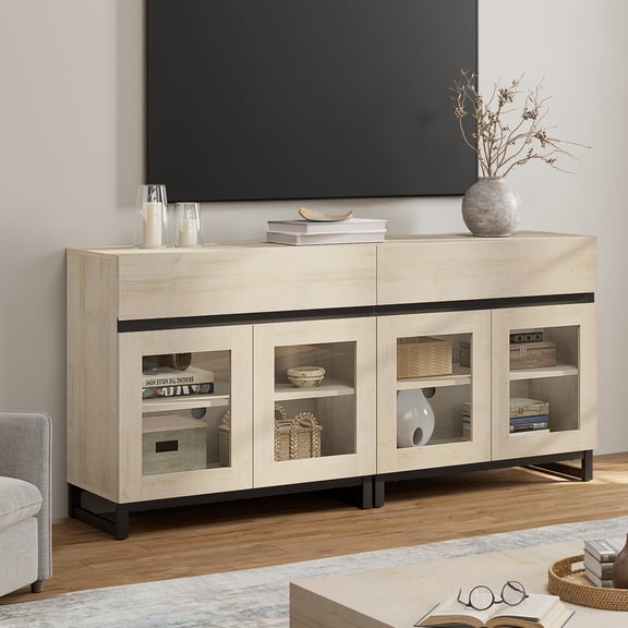WAMPAT Modern TV Stand with Glass Doors for 70 inch TVs, 2 in 1 Entertainment Center Console with 2 Drawers and Metal Base for Living Room, Bedroom, Beige