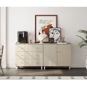WAMPAT Sideboards Buffet Cabinet, 2-in-1 Wood Wide Credenza Storage Cabinet with 2 Doors and 3 Drawers, Modern Kitchen Coffee Bar Table with Storage for Living Room Dining Room, Beige Linen