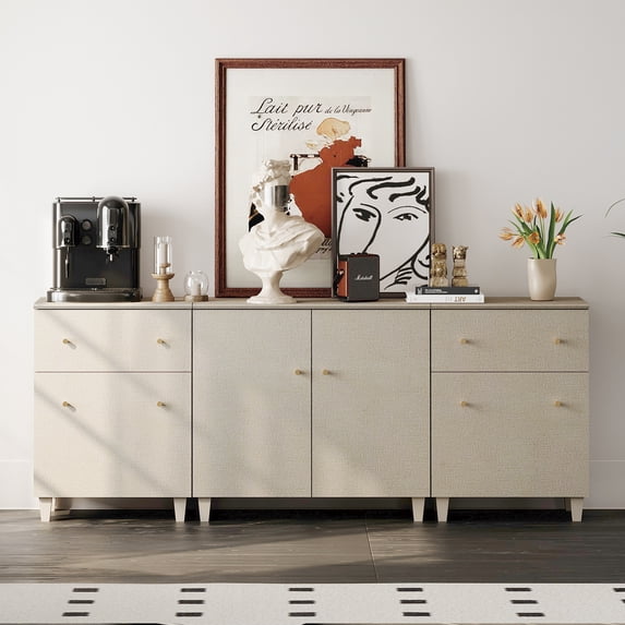 WAMPAT Sideboards Buffet Cabinet, 3-in-1 Wood Wide Credenza Storage Cabinet with 2 Doors and Drawers, Modern Kitchen Coffee Bar Table with Storage Shelves for Living Room Dining Room, Beige Linen