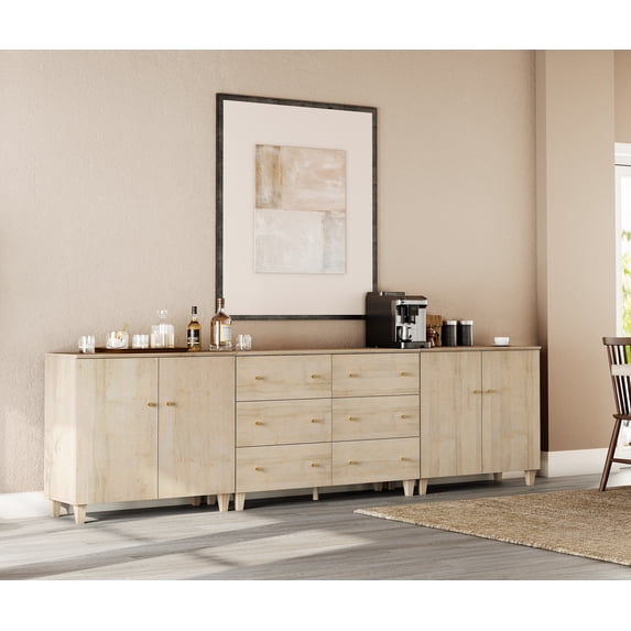 WAMPAT Sideboards Buffet Cabinet, 3-in-1 Wood Wide Credenza Storage Cabinet with 4 Doors and 6 Drawers, Modern Kitchen Coffee Bar Table with Storage for Living Room Dining Room, Natural Oak