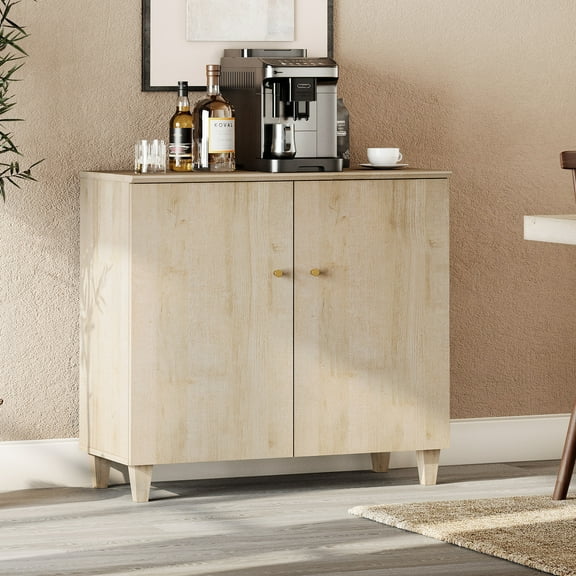 WAMPAT Sideboards Buffet Cabinet, 35.4" Wide Wooden Credenza Storage Cabinet with 2 Doors, Modern Kitchen Accent Cabinet with 3 Compartments for Living Room, Hallway, Light Oak