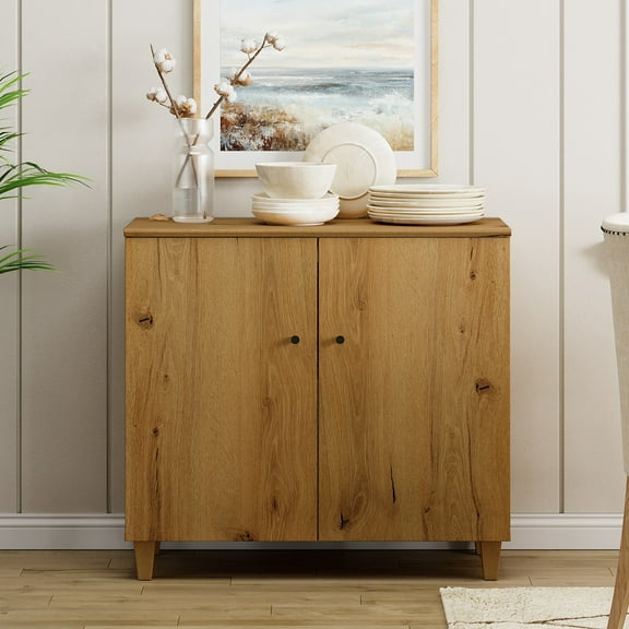 WAMPAT Sideboards Buffet Cabinet, 35.4" Wide Wooden Credenza Storage Cabinet with 2 Doors, Modern Kitchen Accent Cabinet with 3 Compartments for Living Room, Hallway, Oak Brown