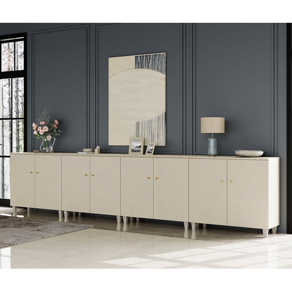 WAMPAT Sideboards Buffet Cabinets with Doors, 4-in-1 Extra Wide Kitchen Wood 141.6" Long Buffet Server Table with 12 Storage Compartments for Living Room, Entryway, Hallway, Beige Linen, 2 Packs